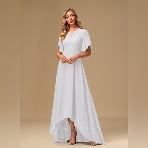 A-line Boat Neck Asymmetrical Chiffon Dress - Ivory